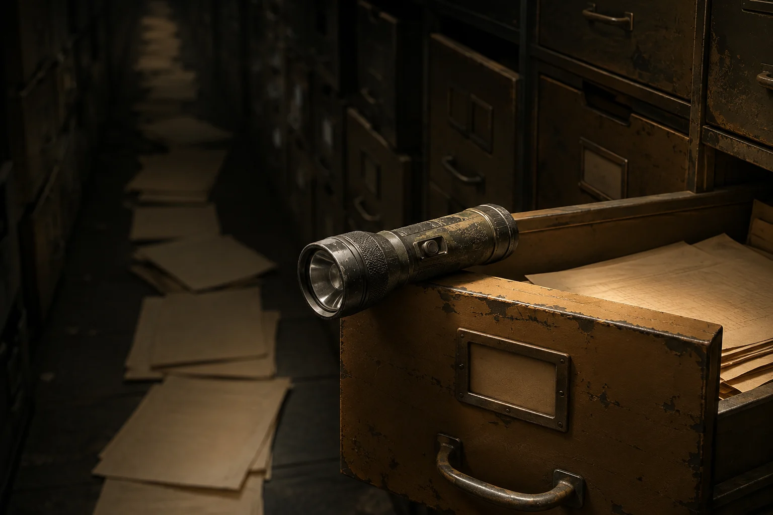 A worn service flashlight rests on an open archive drawer with blank papers trailing behind.