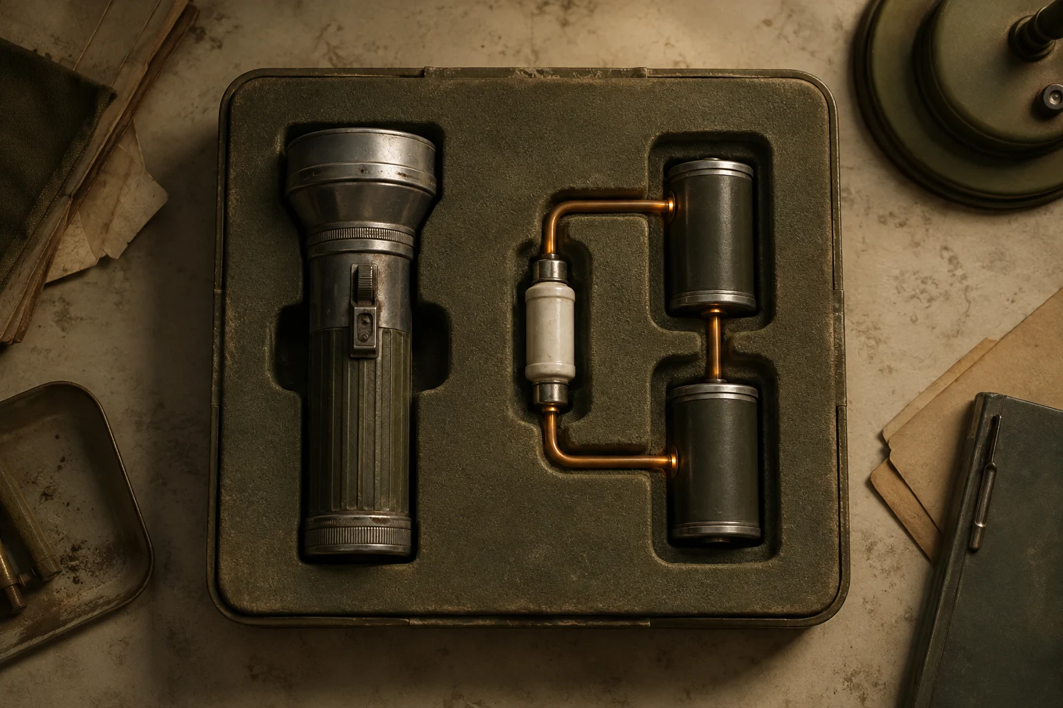 A flashlight beside an amber-wired ceramic fuse and twin batteries in an olive foam tray.
