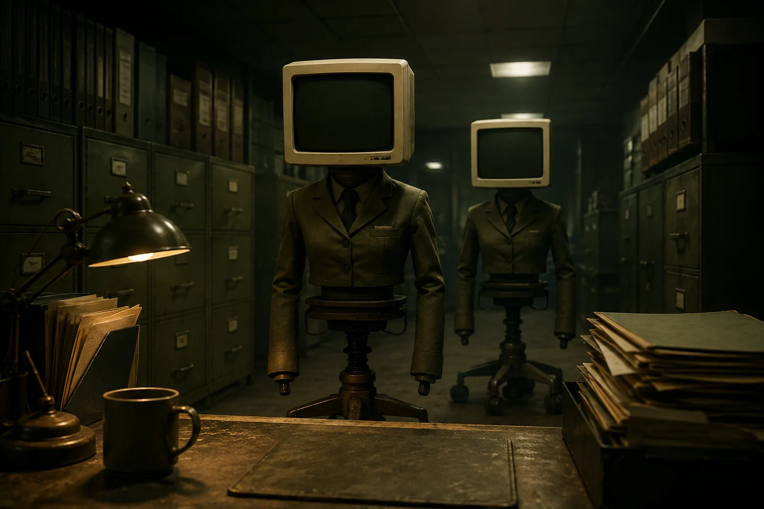 Two monitor-headed office clerks stand beyond a desk in a dim fluorescent records room.