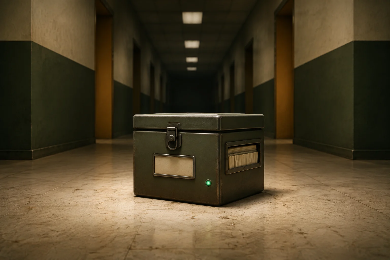 A closed metal filing box with one green indicator rests in an empty office corridor.