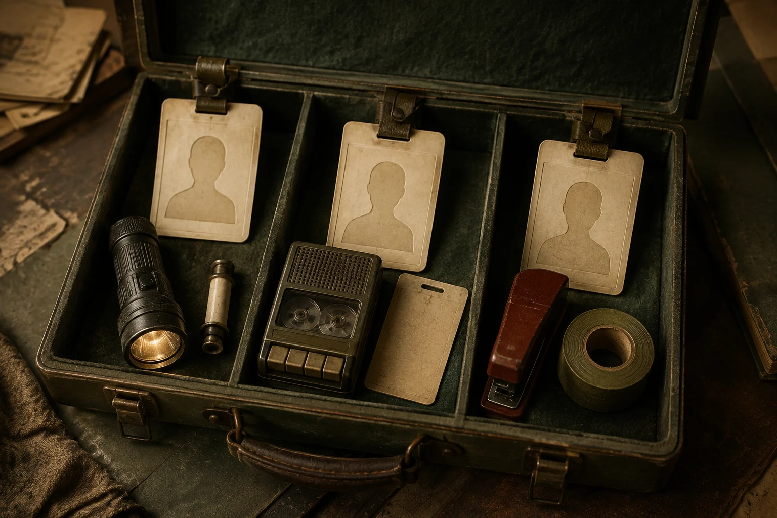 Three blank personnel badges sit with distinct office equipment inside a worn presentation case.