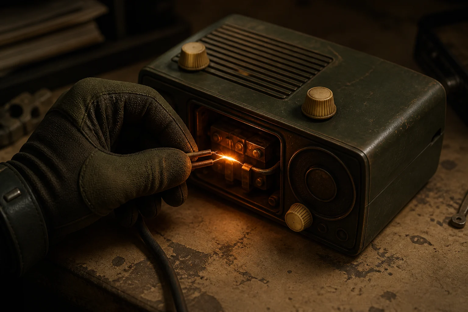 A gloved hand bridges copper contacts on an old office radio with a small amber spark.