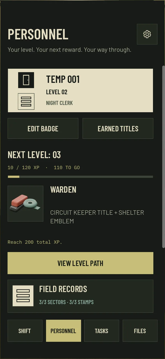 Personnel showing level two, the next Warden reward and a selected earned sector stamp