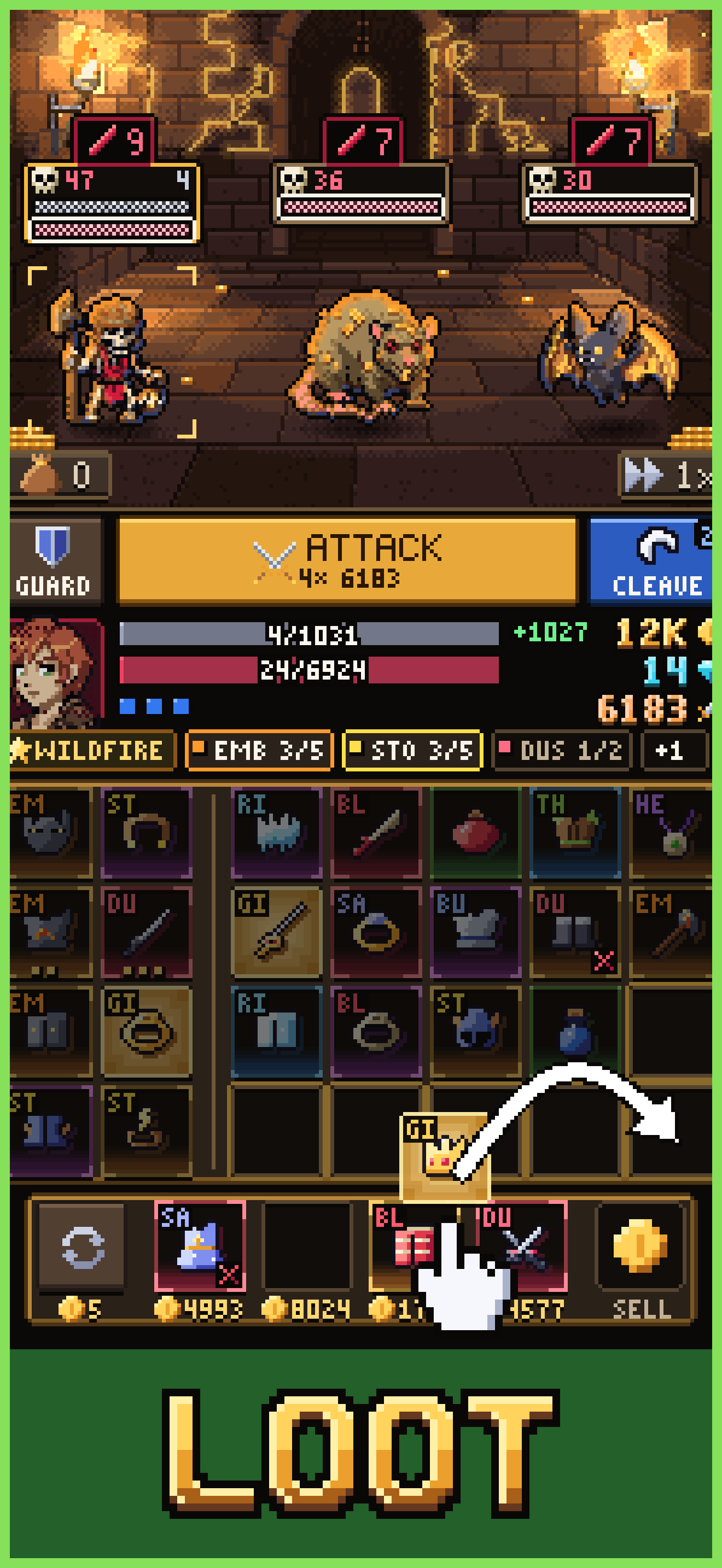 A fight in Gold Below: three enemies above the ATTACK button and a bag of gear